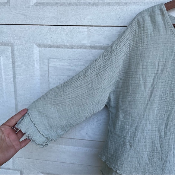 Cotton Palm Womens Shirt Blouse Gauzy Tiered Sage Green Cotton Medium - Picture 6 of 7